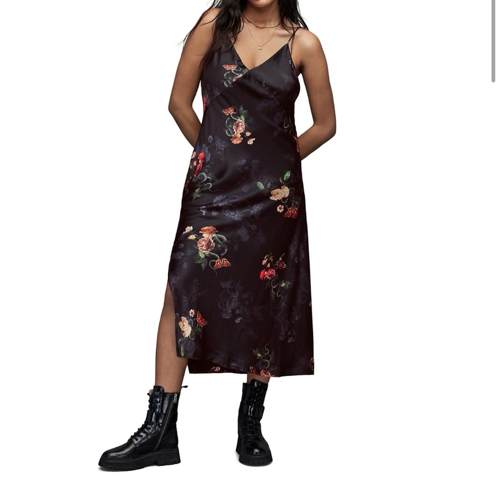 All Saints Melody Nancy Black Floral Satin Slip Maxi Dress